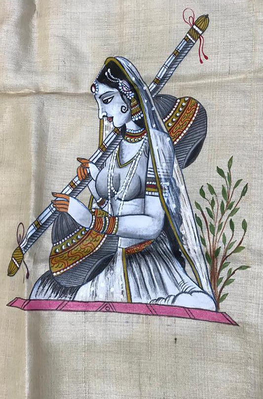 Pastel Hand Painted Madhubani Tussar Silk Unstitched Blouse Fabric ( 1 Mtr ) - Luxurion World