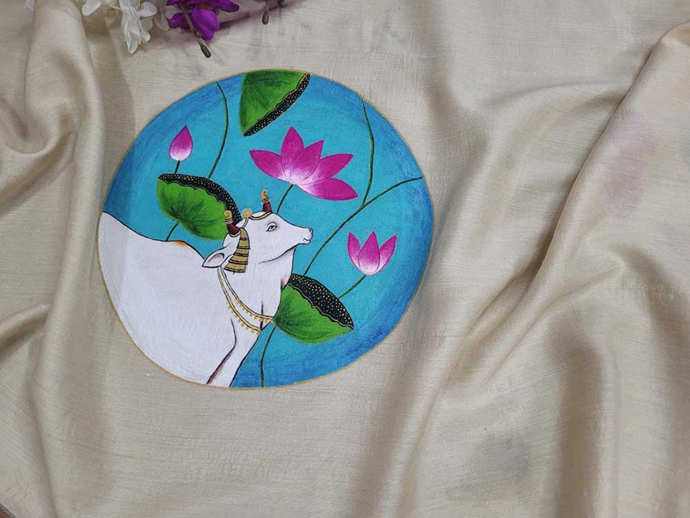 Pastel Hand Painted Pure Moonga Silk Pichwai Blouse Fabric (1 Mtr) - Luxurion World