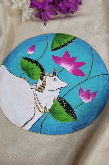 Pastel Hand Painted Pure Moonga Silk Pichwai Blouse Fabric (1 Mtr) - Luxurion World