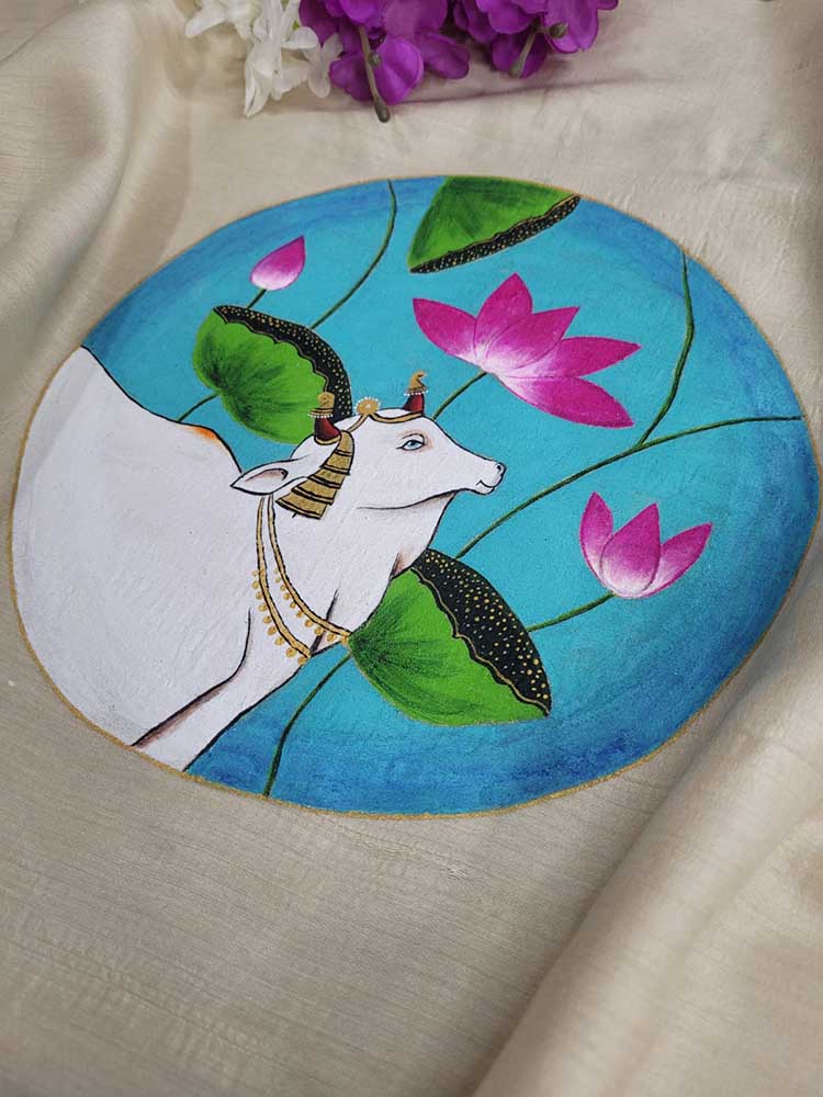 Pastel Hand Painted Pure Moonga Silk Pichwai Blouse Fabric (1 Mtr) - Luxurion World