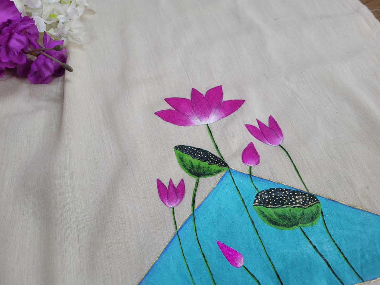 Pastel Hand Painted Pure Moonga Silk Pichwai Blouse Fabric (1 Mtr) - Luxurion World