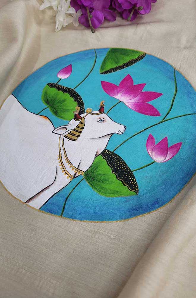 Pastel Hand Painted Pure Moonga Silk Pichwai Blouse Fabric (1 Mtr) - Luxurion World