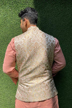 Pastel Handloom Banarasi Kimkhwab Nehru Jacket - Luxurion World