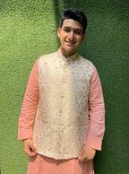 Pastel Handloom Banarasi Kimkhwab Nehru Jacket - Luxurion World