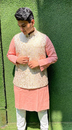 Pastel Handloom Banarasi Kimkhwab Nehru Jacket - Luxurion World