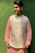 Pastel Handloom Banarasi Kimkhwab Nehru Jacket - Luxurion World