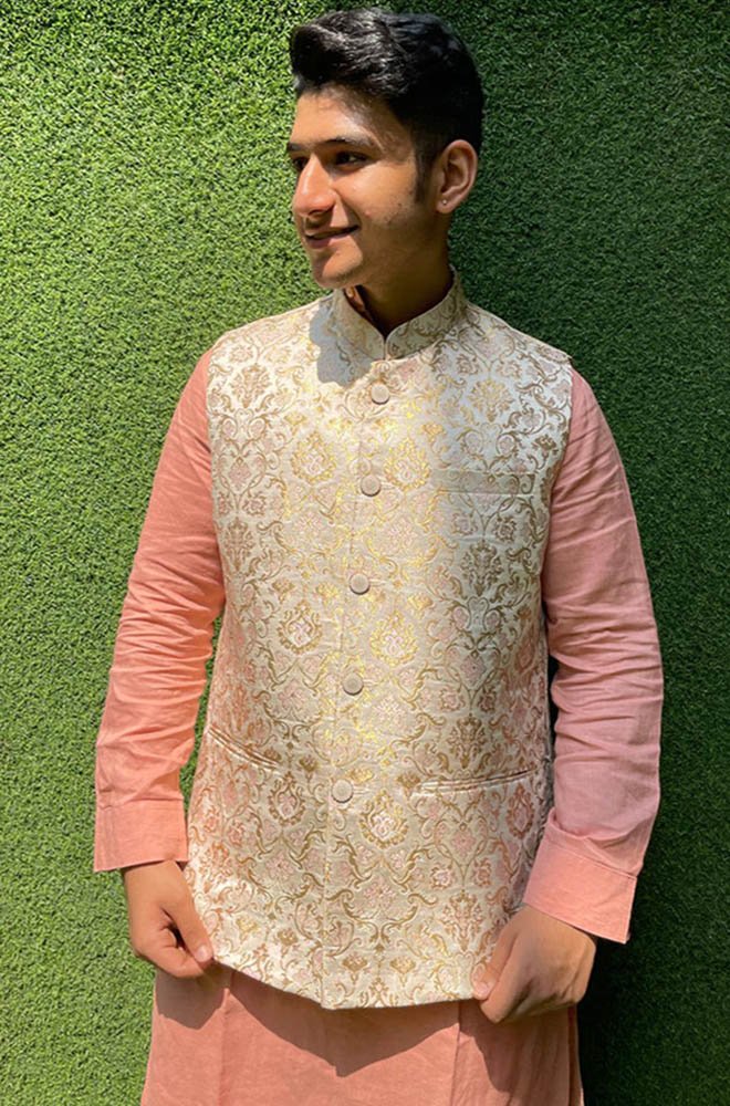 Pastel Handloom Banarasi Kimkhwab Nehru Jacket - Luxurion World