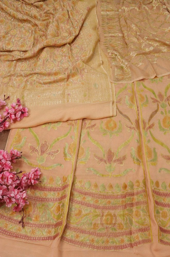 Pastel Handloom Banarasi Pure Georgette Brush Dyed Unstitched Lehenga Set - Luxurion World