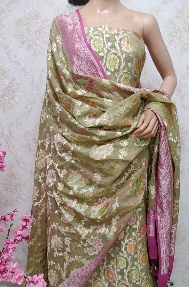 Pastel Handloom Banarasi Pure Georgette Georgette Brush Dye Unstitched Suit Set - Luxurion World