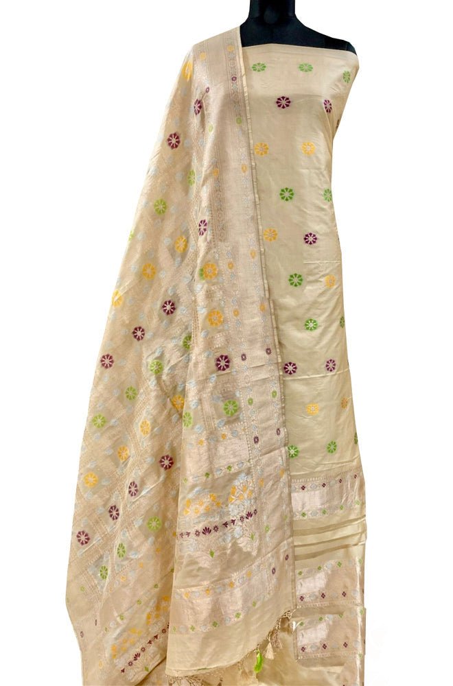 Pastel Handloom Banarasi Pure Katan Silk Three Piece Unstitched Suit Set - Luxurion World