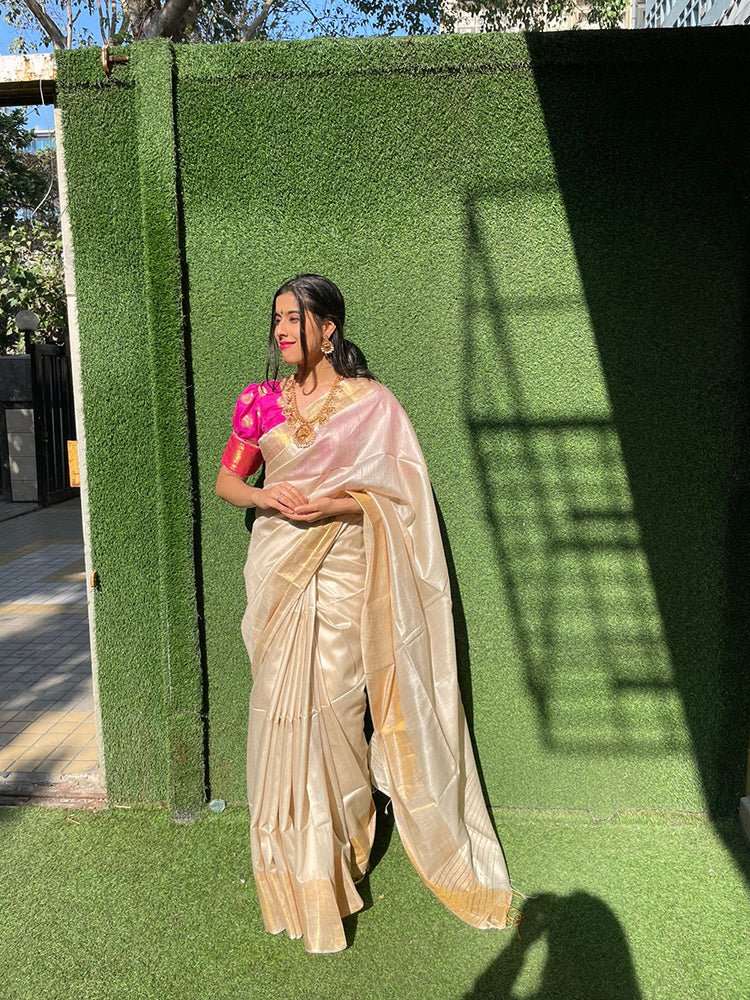 Pastel Handloom Bhagalpur Moonga Silk Plain Saree With Hand Painted Pure Silk Stitched Floral Design Blouse - Luxurion World