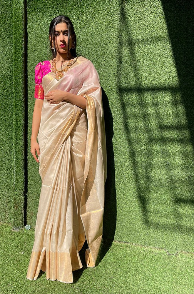 Pastel Handloom Bhagalpur Moonga Silk Plain Saree With Hand Painted Pure Silk Stitched Floral Design Blouse