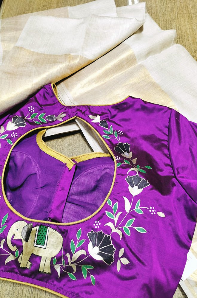Pastel Handloom Bhagalpur Moonga Silk Plain Saree With Hand Painted Pure Silk Stitched Floral Design Blouse - Luxurion World