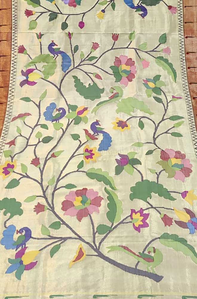 Pastel Handloom Brocade Paithani Pure Silk Muniya Border Bird And Floral Design Dupatta Luxurionworld
