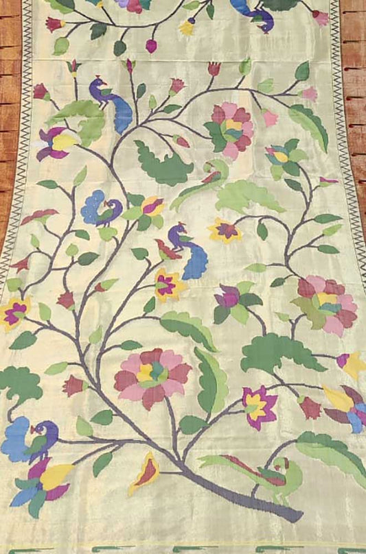 Pastel Handloom Brocade Paithani Pure Silk Muniya Border Bird And Floral Design Dupatta - Luxurion World