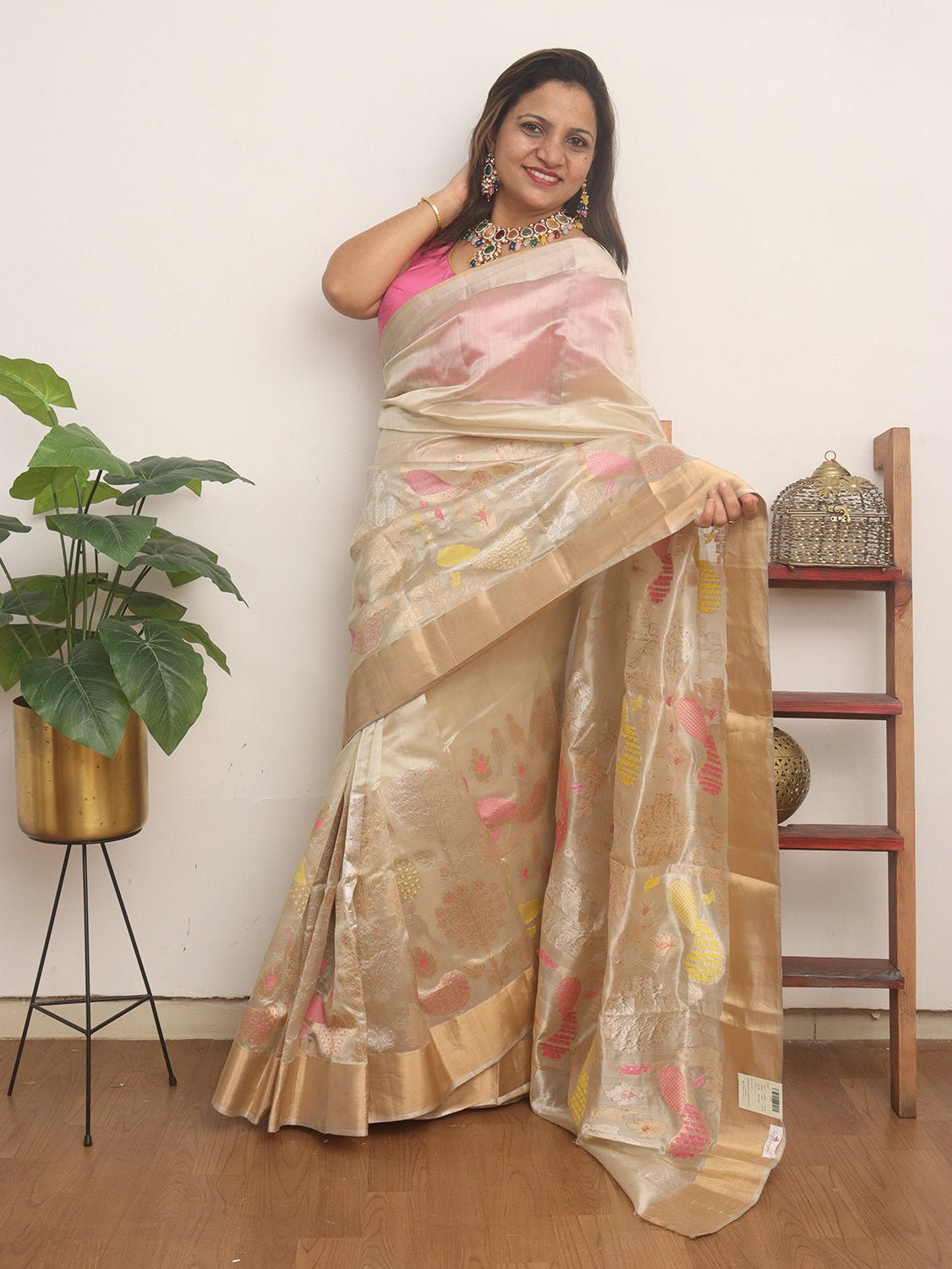 Pastel Handloom Chanderi Pure Katan Silk Meenakari Bird Design Saree - Luxurion World