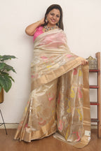 Pastel Handloom Chanderi Pure Katan Silk Meenakari Bird Design Saree - Luxurion World