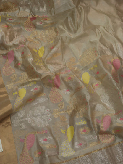 Pastel Handloom Chanderi Pure Katan Silk Meenakari Bird Design Saree - Luxurion World