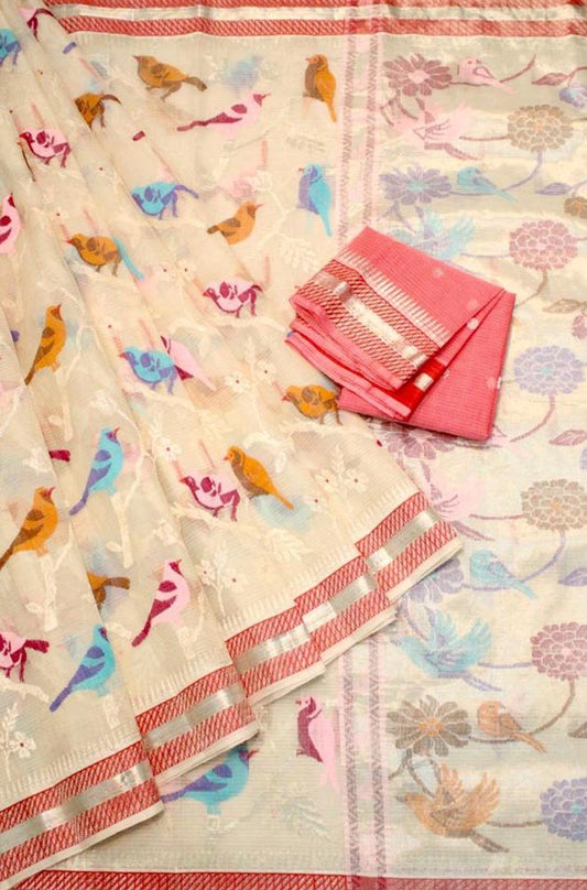 Pastel Handloom Kota Doria Real Zari Bird Design Saree - Luxurion World