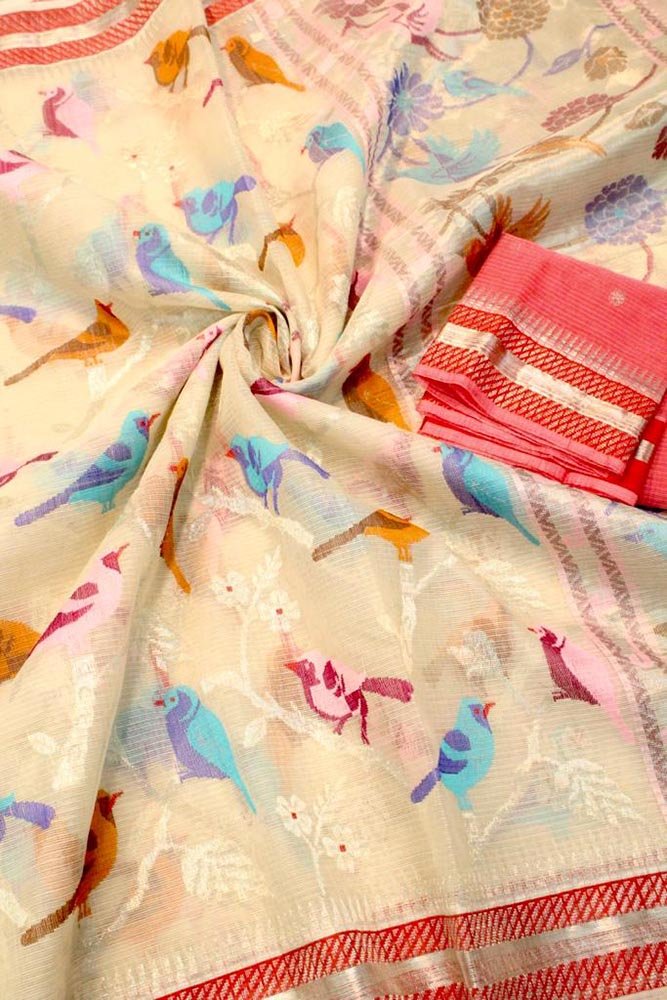 Pastel Handloom Kota Doria Real Zari Bird Design Saree - Luxurion World