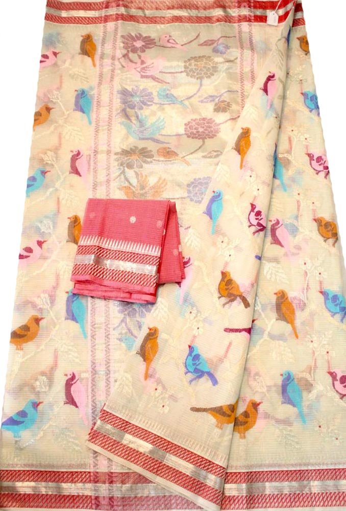Pastel Handloom Kota Doria Real Zari Bird Design Saree - Luxurion World