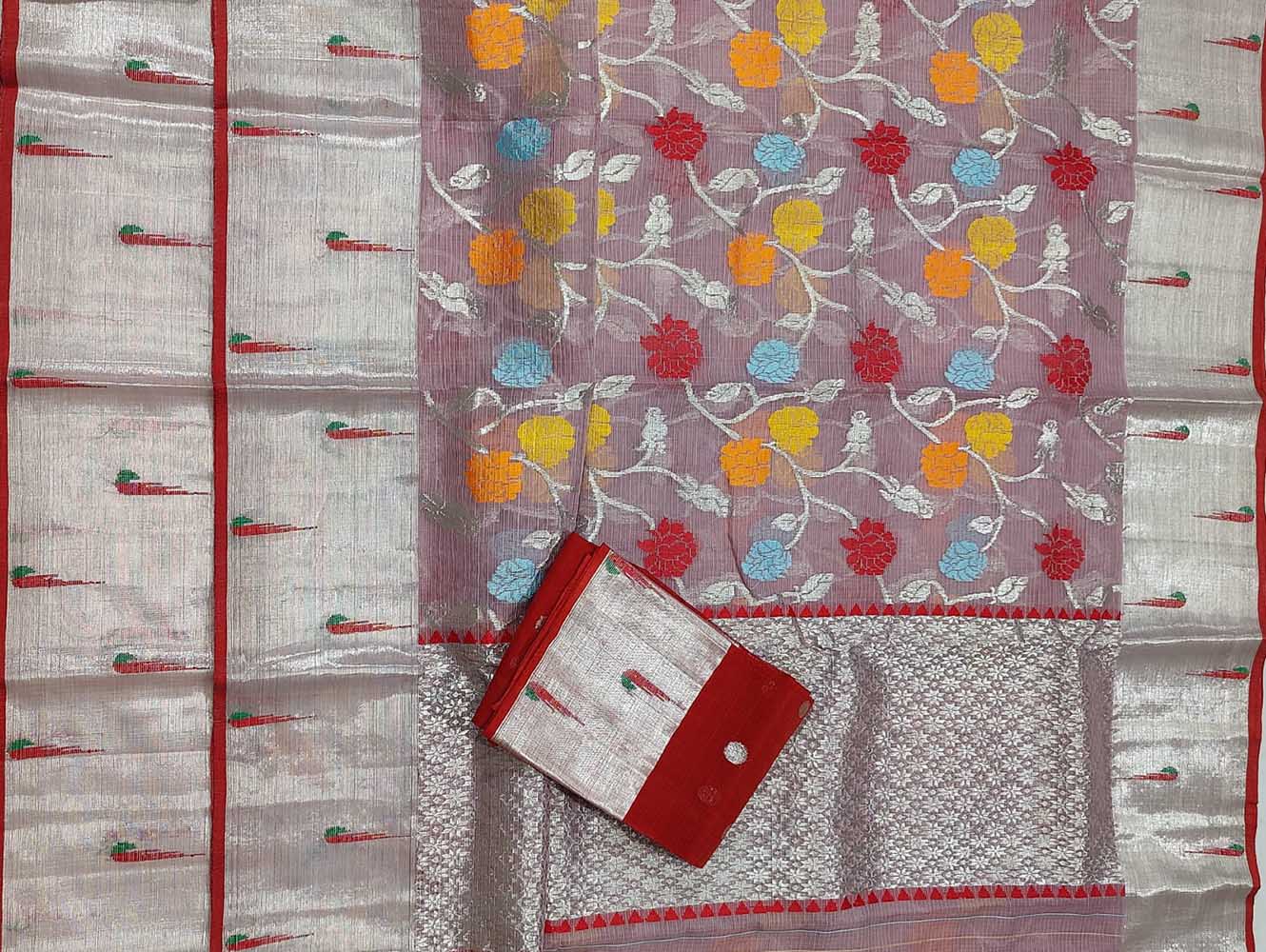 Pastel Handloom Kota Doria Real Zari Floral Deasign Saree - Luxurion World