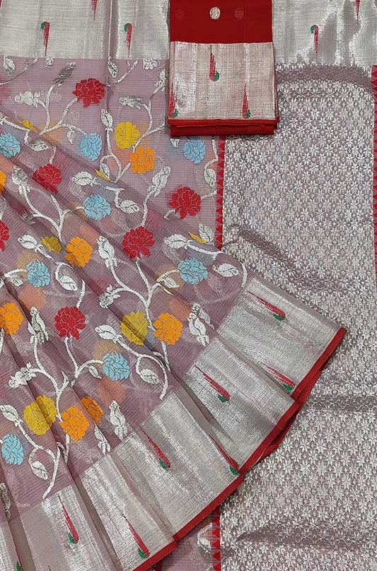 Pastel Handloom Kota Doria Real Zari Floral Deasign Saree - Luxurion World