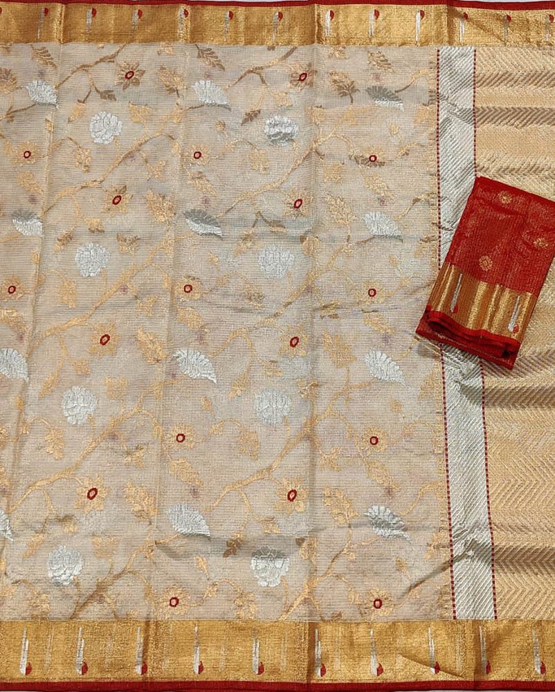 Pastel Handloom Kota Doria Real Zari Flower Design Saree - Luxurion World