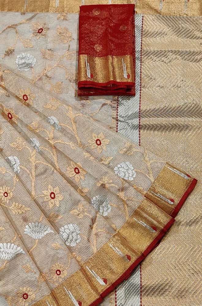 Pastel Handloom Kota Doria Real Zari Flower Design Saree - Luxurion World