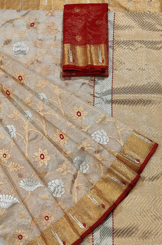 Pastel Handloom Kota Doria Real Zari Flower Design Saree - Luxurion World