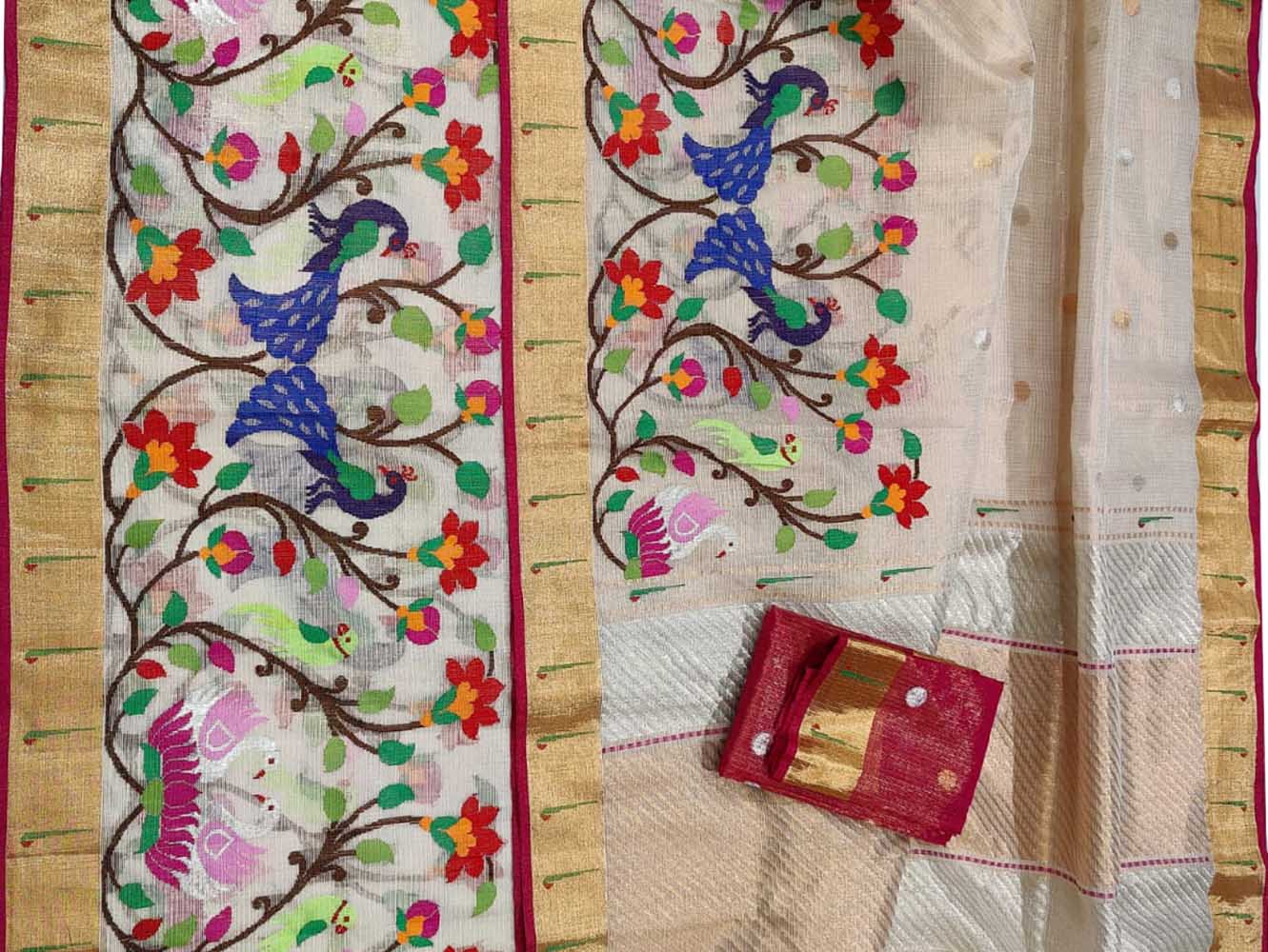Pastel Handloom Kota Doria Tissue Silk Real Zari Paithani Border Saree - Luxurion World
