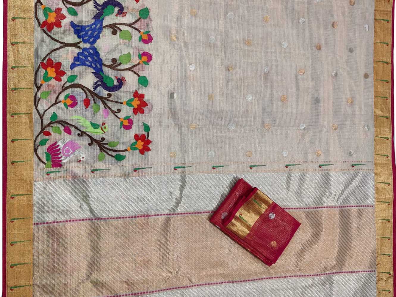 Pastel Handloom Kota Doria Tissue Silk Real Zari Paithani Border Saree - Luxurion World