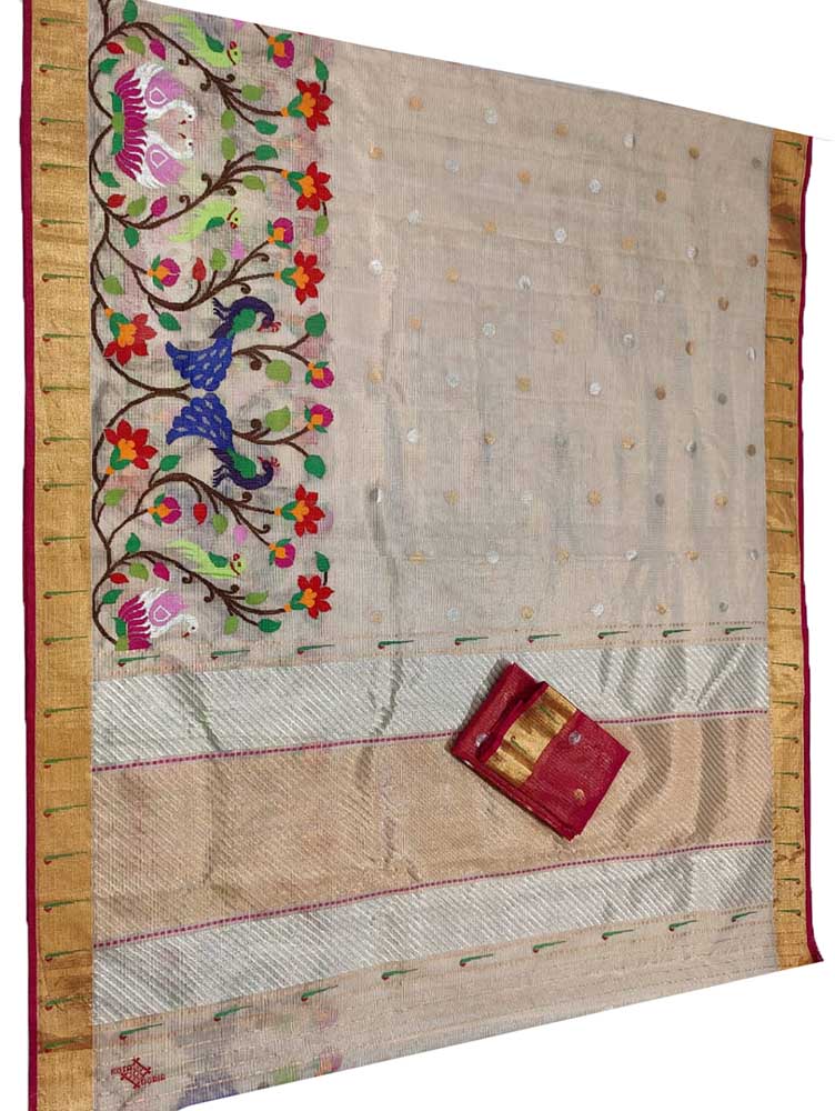 Pastel Handloom Kota Doria Tissue Silk Real Zari Paithani Border Saree - Luxurion World