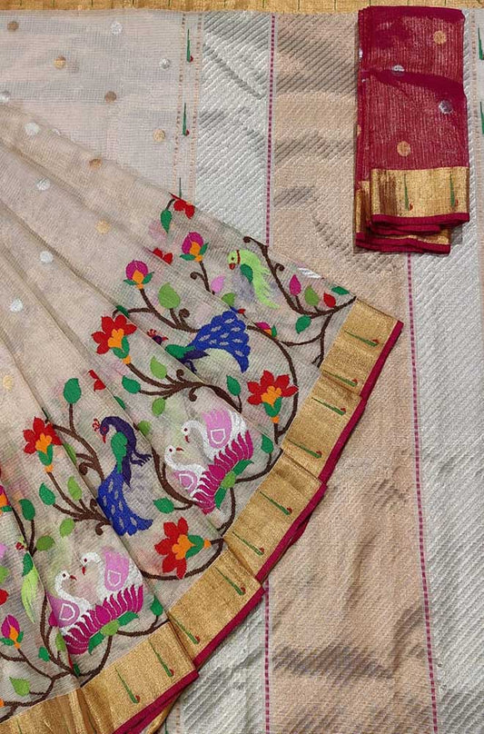 Pastel Handloom Kota Doria Tissue Silk Real Zari Paithani Border Saree - Luxurion World