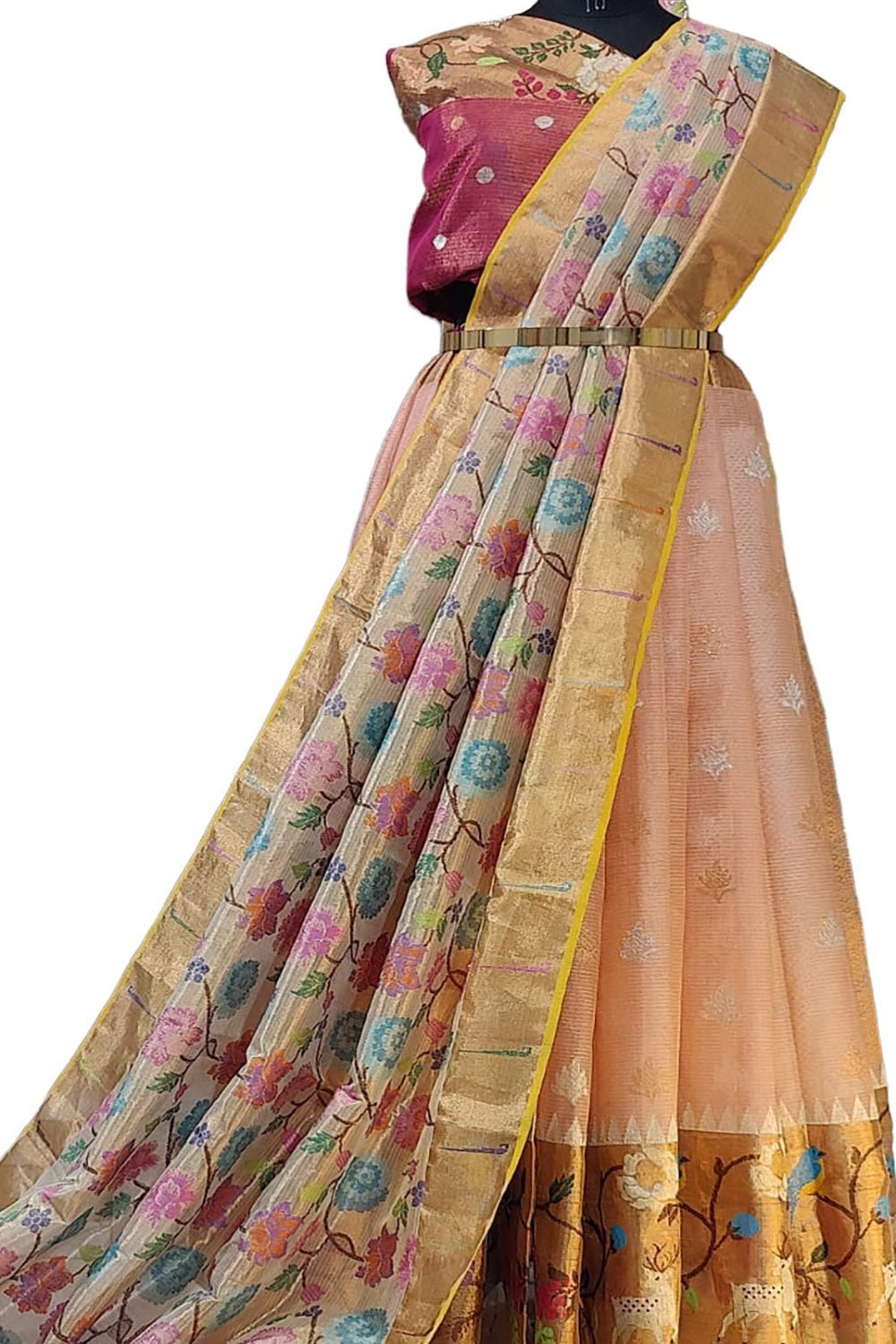 Pastel Handloom Kota Doria Tissue Silk Unstitched Lehenga Set - Luxurion World