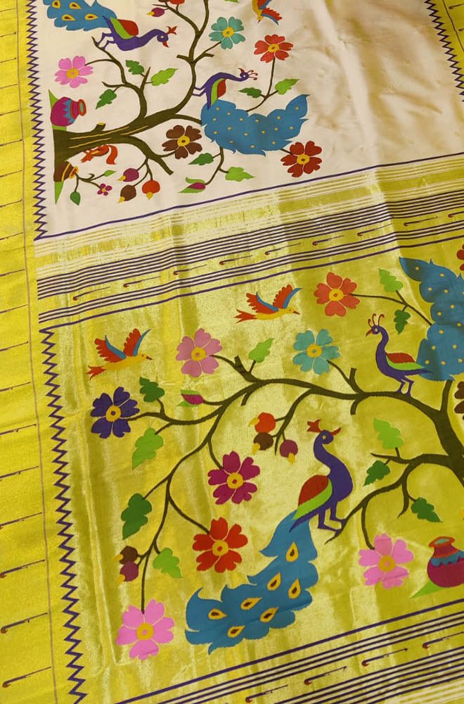 Pastel Handloom Paithani Pure Silk Bird And Floral Design Saree