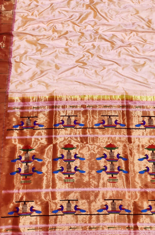 Pastel Handloom Paithani Pure Silk Muniya Border Peacock Design Saree - Luxurion World
