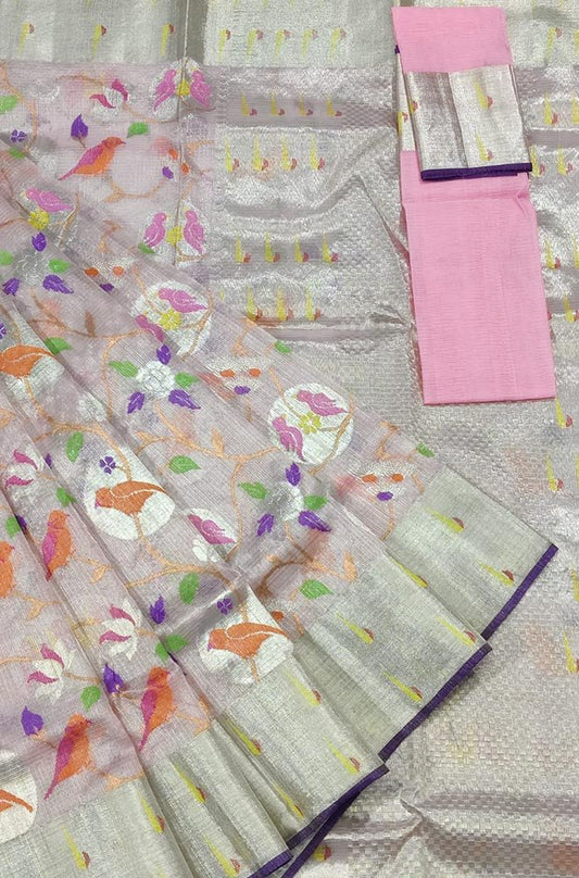 Pastel Handloom Tissue Kota Doria Real Zari Bird Design Saree - Luxurion World