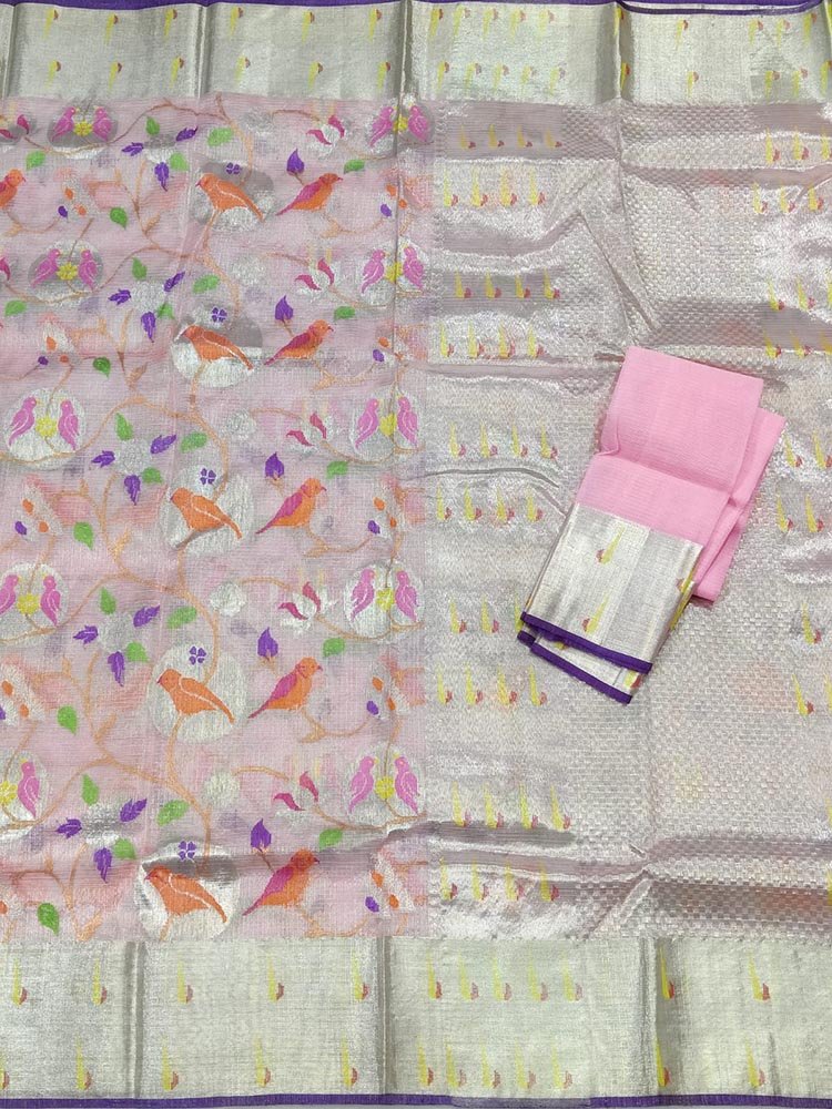Pastel Handloom Tissue Kota Doria Real Zari Bird Design Saree - Luxurion World