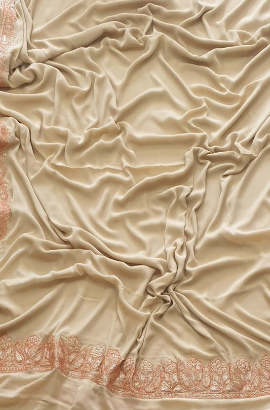 Pastel Plain Embroidered Kashmiri Tila Work Crepe Saree - Luxurion World