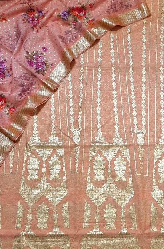 Peach Banarasi Chanderi Silk Unstitched Lehenga Set - Luxurion World
