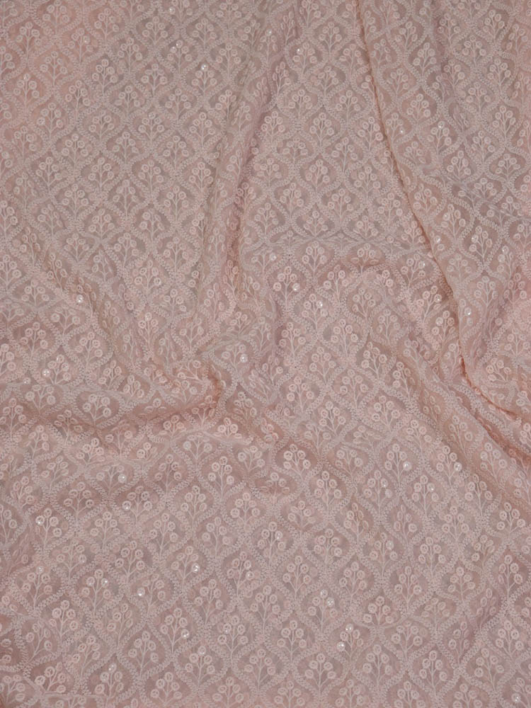 Peach Embroidered Chikankari Georgette Sequins Work Fabric ( 1 Mtr )