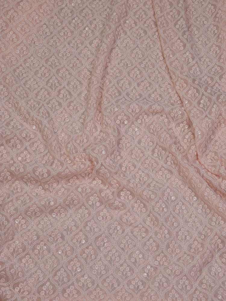 Peach Embroidered Chikankari Georgette Sequins Work Fabric ( 1 Mtr ) - Luxurion World