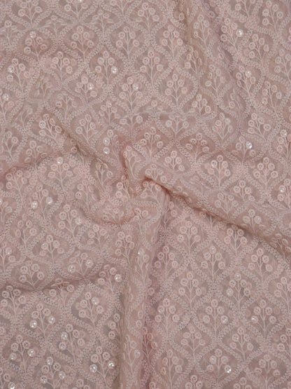 Peach Embroidered Chikankari Georgette Sequins Work Fabric ( 1 Mtr )