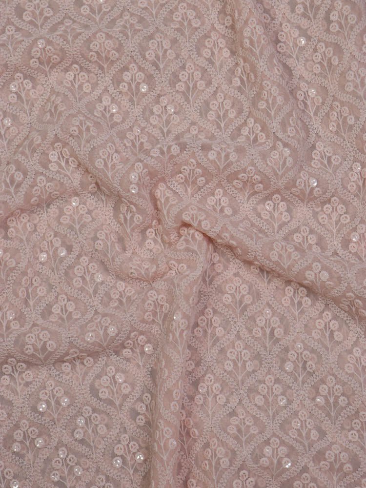 Peach Embroidered Chikankari Georgette Sequins Fabric: 1 Mtr ...