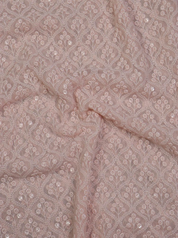 Peach Embroidered Chikankari Georgette Sequins Work Fabric ( 1 Mtr ) - Luxurion World