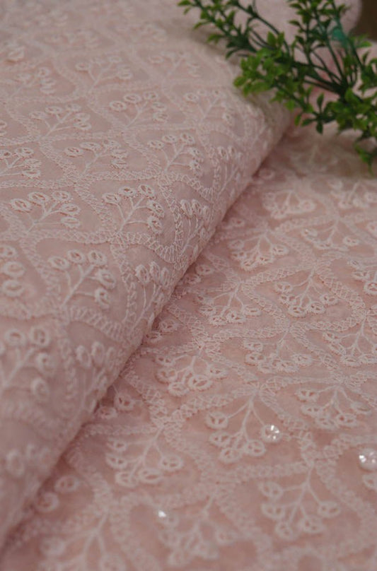 Peach Embroidered Chikankari Georgette Sequins Work Fabric ( 1 Mtr ) - Luxurion World