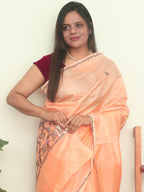 Peach Embroidered Kashmiri Sozni Work Pure Silk Saree - Luxurion World