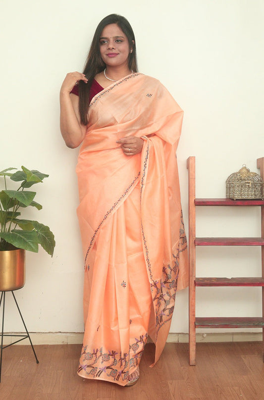 Peach Embroidered Kashmiri Sozni Work Pure Silk Saree - Luxurion World