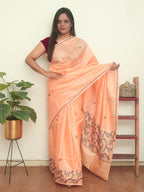 Peach Embroidered Kashmiri Sozni Work Pure Silk Saree - Luxurion World
